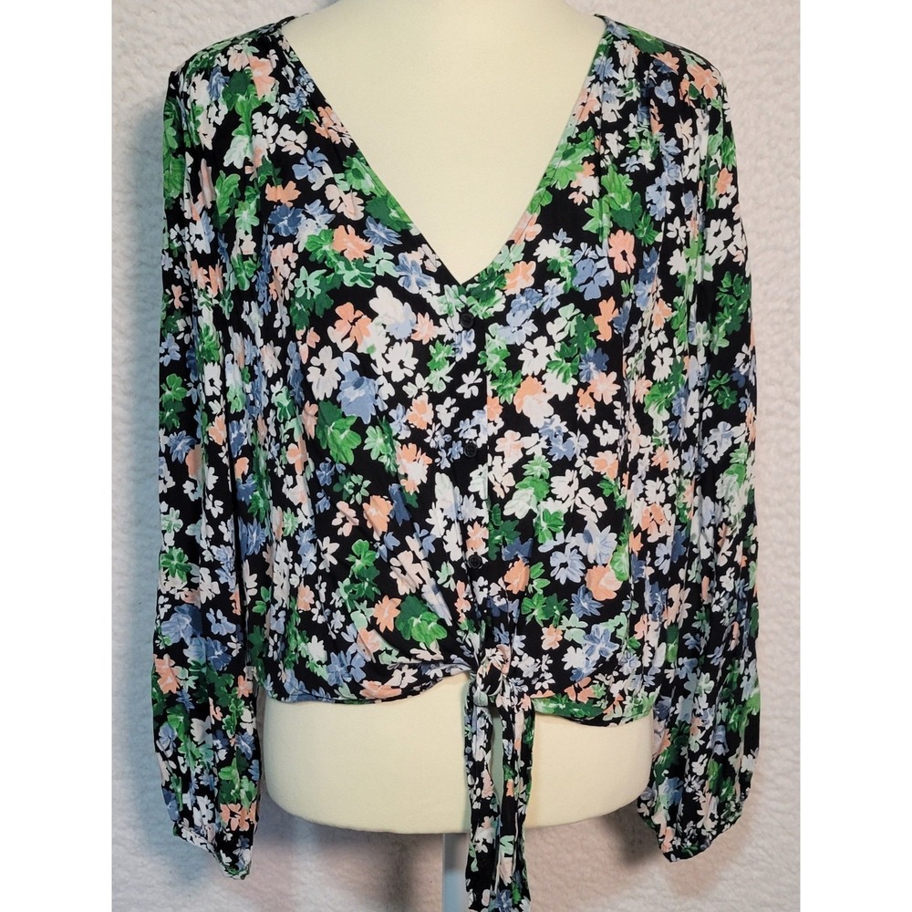 H & M Women's Floral Blouse Size L Long Sleeve Crop Top V-Neck Tie Waist 1751